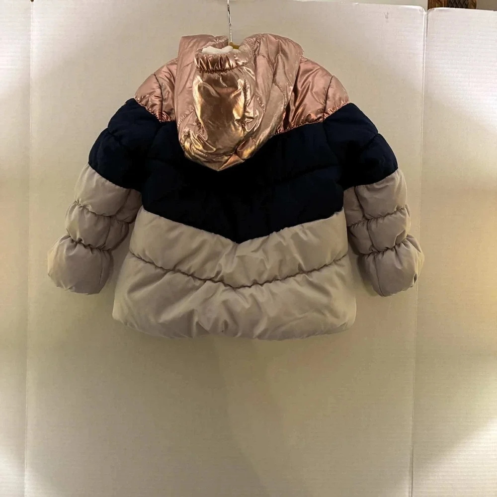 OshKosh B'gosh Puffer Jacket Toddler 3T Rose Gold Navy Tan Winter Coat